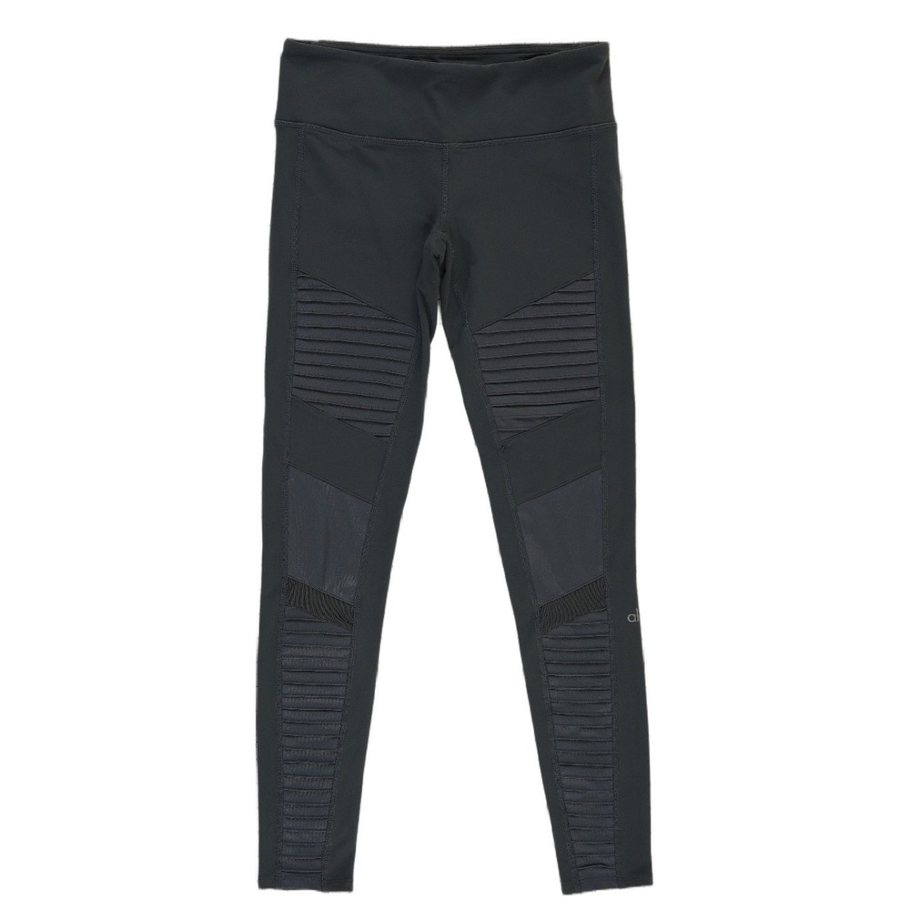 Alo Yoga Moto Leggings Women's Size Small Black Mesh Pintuck Activewear Pants - Picture 1 of 4